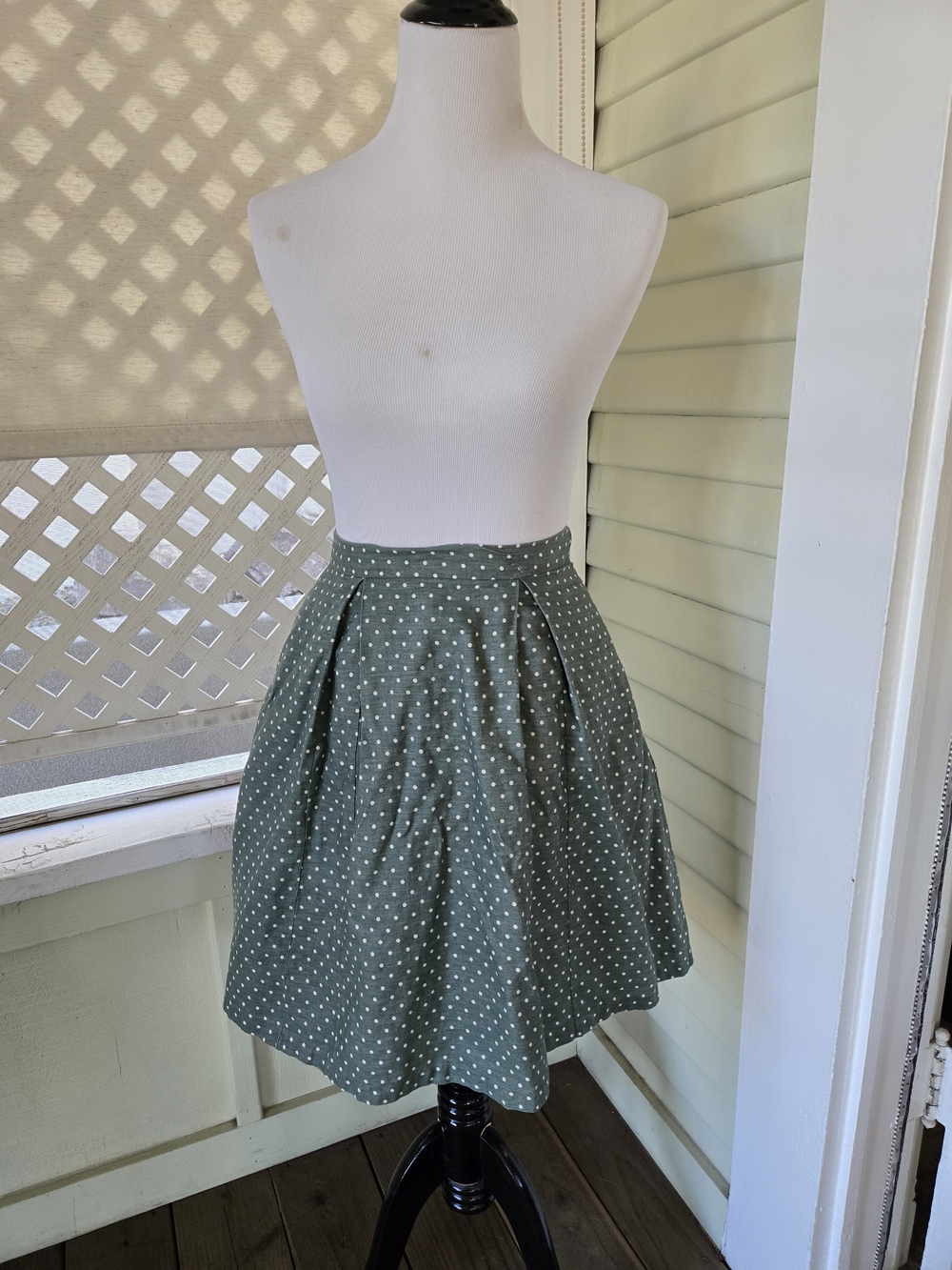 Vintage Polka Dot Pleated A-Line Skirt - Green - Picture 5 of 5